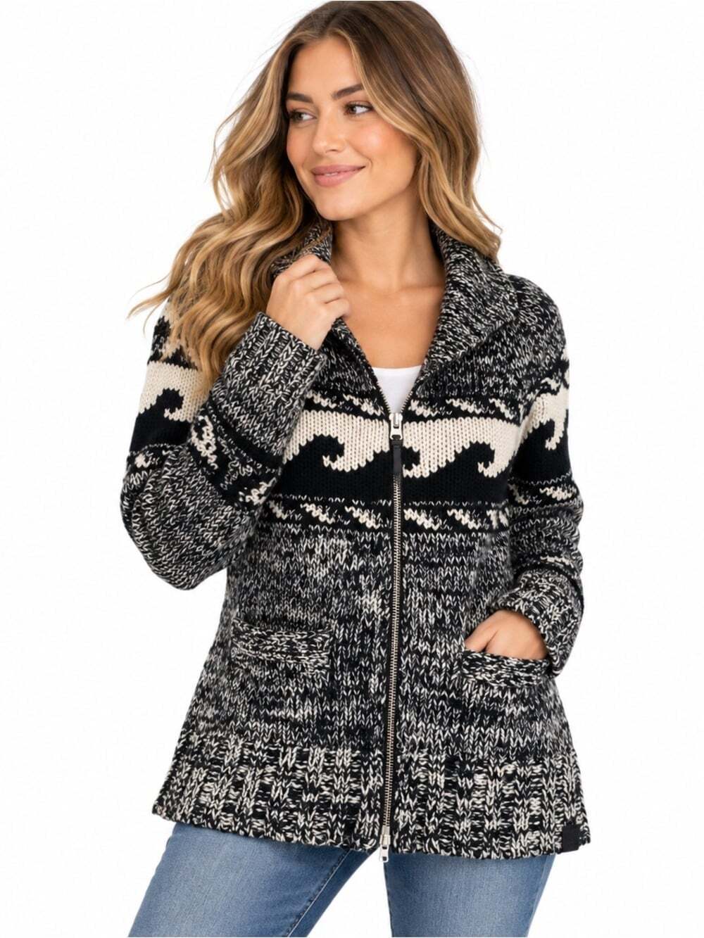 TNA Aritzia 100% Lambswool Zip Cardigan M Black Cream Fair Isle Shawl Collar